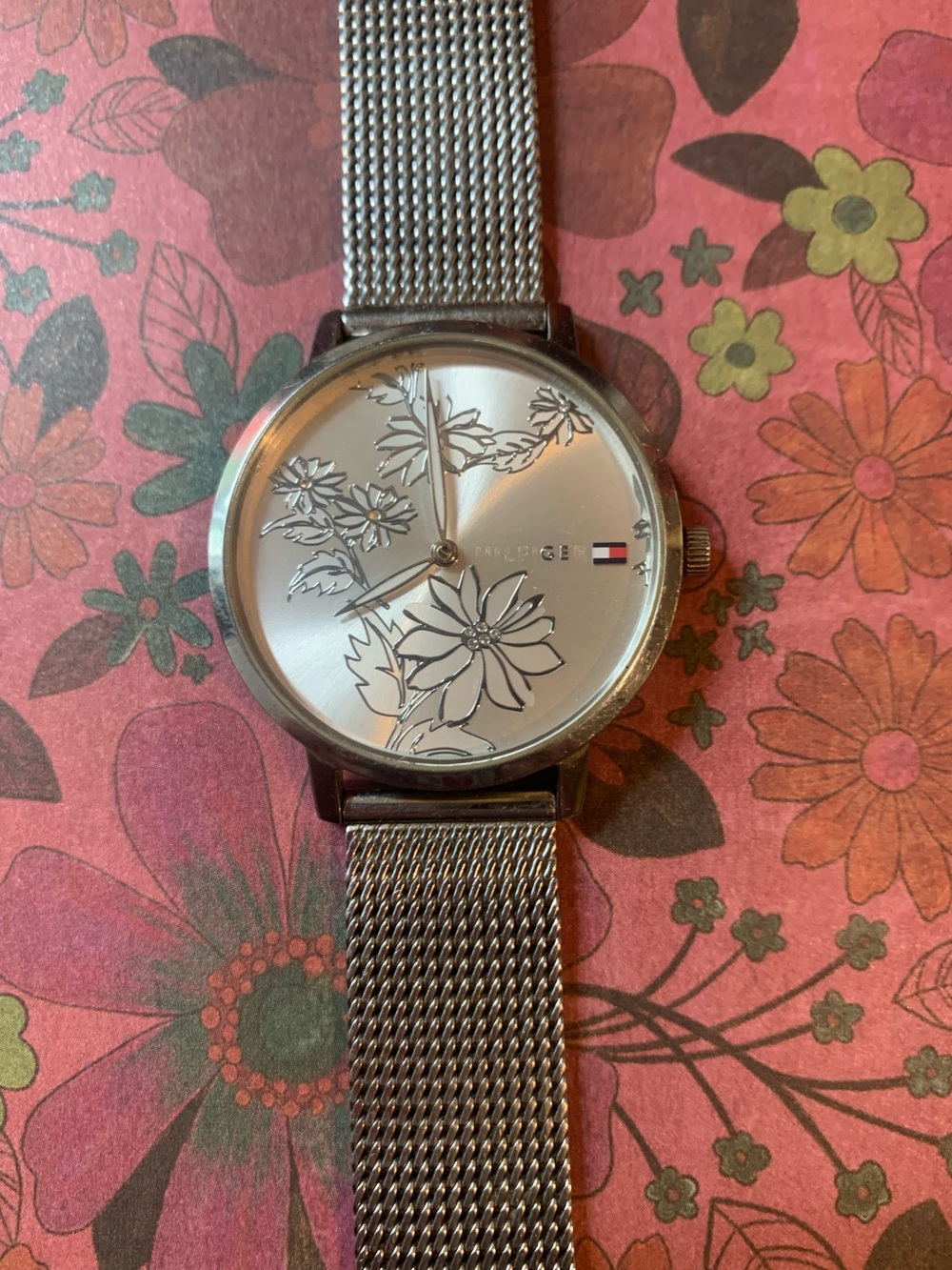Tommy Hilfiger Silver Floral Mesh Watch